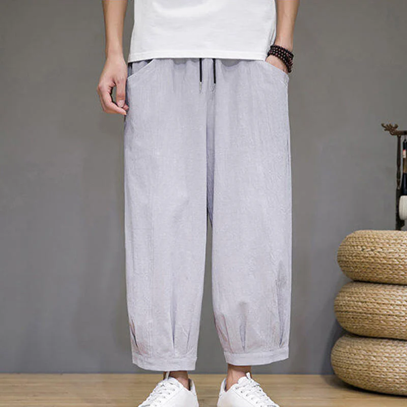 Buddha Stones Casual Plain Men's Cotton 7-8 Length Harem Pants With Pockets