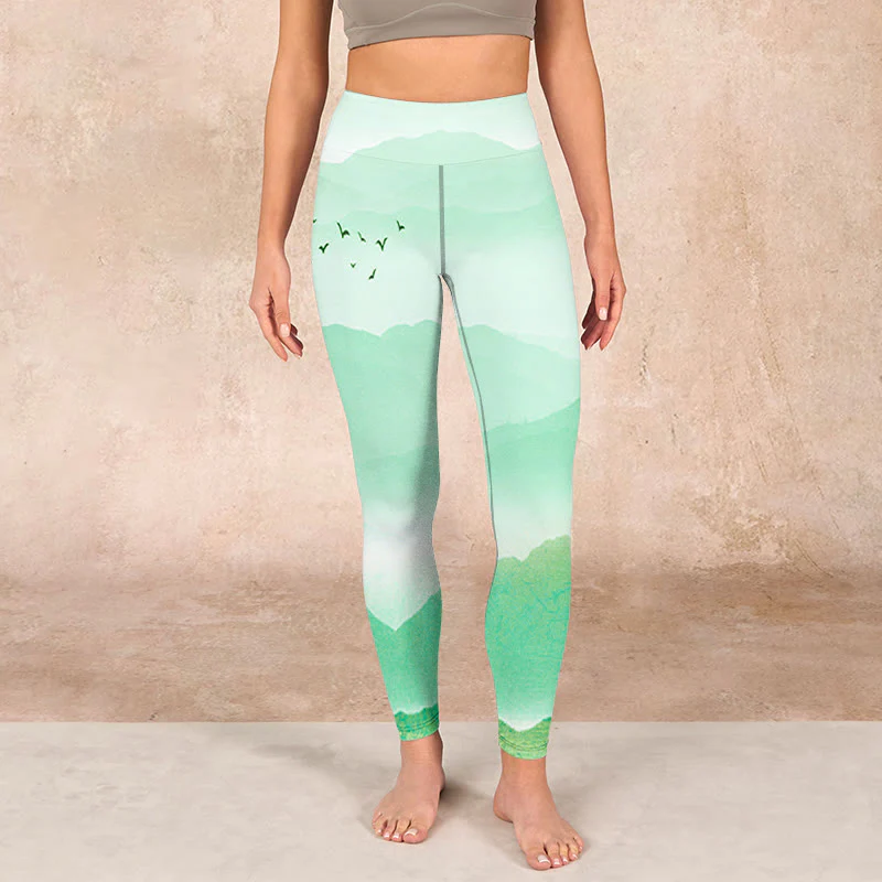 Buddha Stones Mint Cream Mountains Wild Goose Print Sports Leggings Women's Yoga Pants
