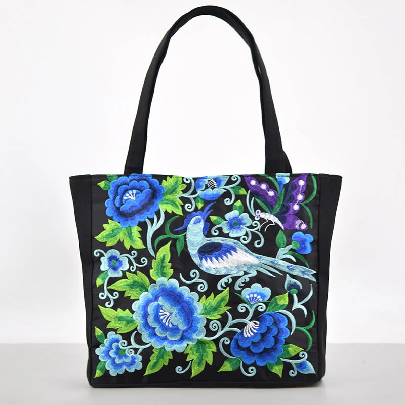 Buddha Stones Galsang Magpie Peony Camellia Chrysanthemum Embroidery Canvas Shopping Purse Handbag Shoulder Bag