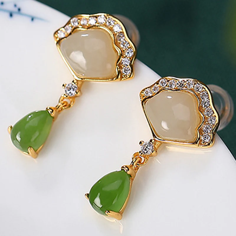 Buddha Stones White Jade Cyan Jade Fan Water Drop Pattern Luck Drop Earrings