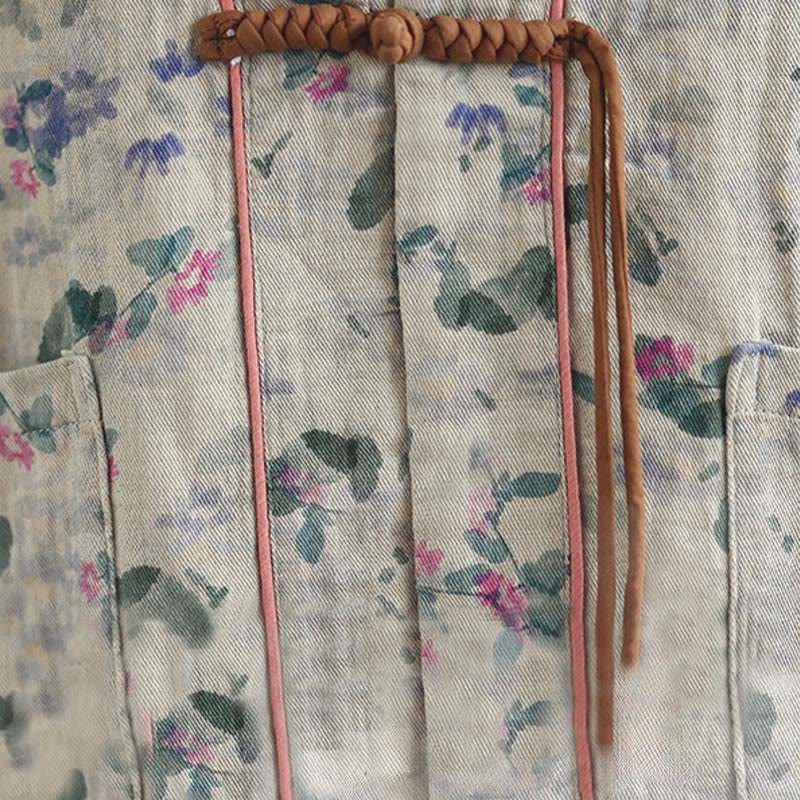 Buddha Stones Printing Floral Frog-Button Open Front Cardigan Cotton Linen Jacket With Pockets