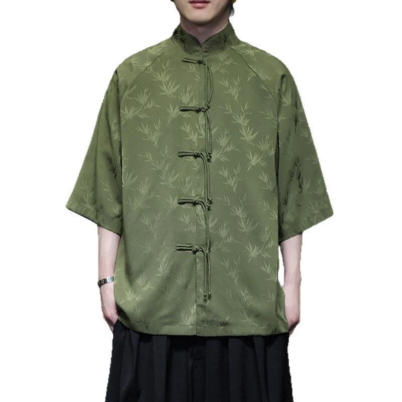 Buddha Stones Jacquard Bamboo Pattern Chinese Frog-Button Stand Collar Tang Suit Men's Cotton Shirt
