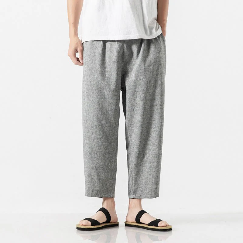 Buddha Stones Summer Plain Men's 7-8 Length Cotton Linen Pants With Pockets