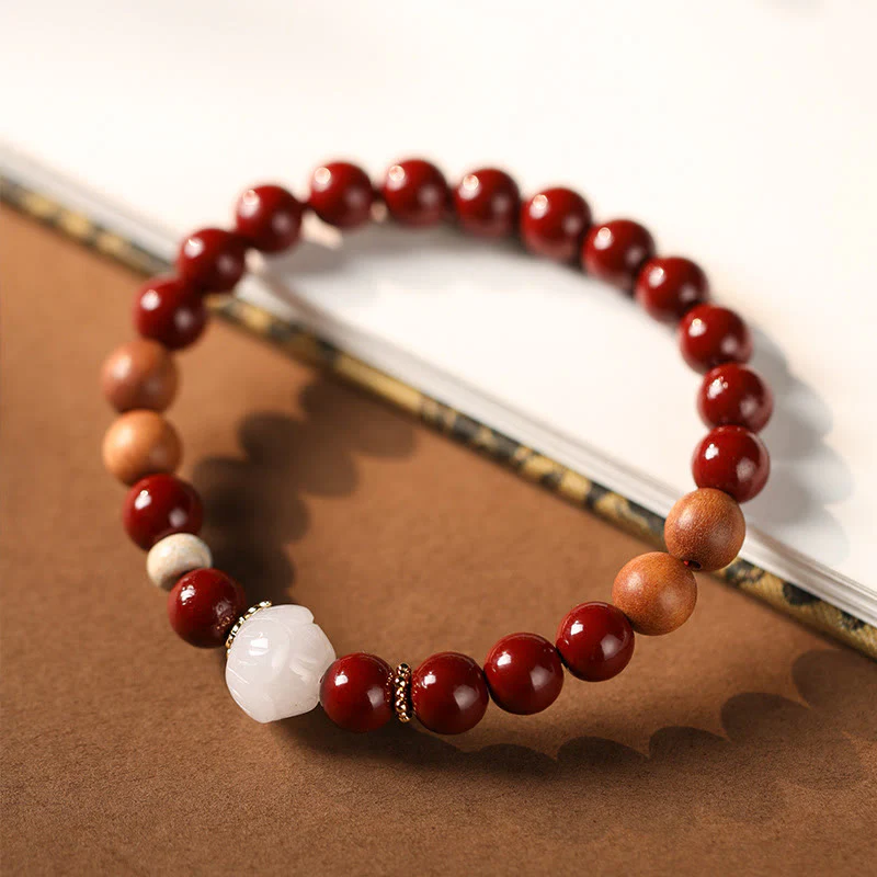 Buddha Stones Cinnabar Wood Beads Lotus Fu Character Blessing Bracelet