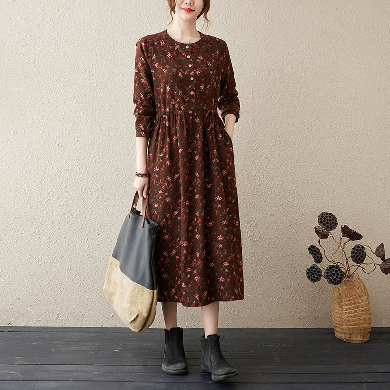 Buddha Stones Casual Ethnic Printing Floral Buttons Design Cotton Linen Midi Dress With Pockets