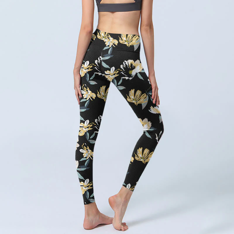 Buddha Stones Yellow White Flower Pattern Print Gym Leggings Women's Yoga Pants