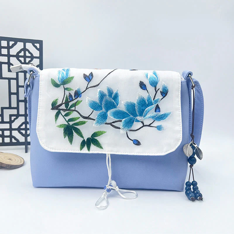 Buddha Stones Embroidered Camellia Epiphyllum Gardenia Sakura Flowers Crossbody Bag Shoulder Bag Cellphone Bag