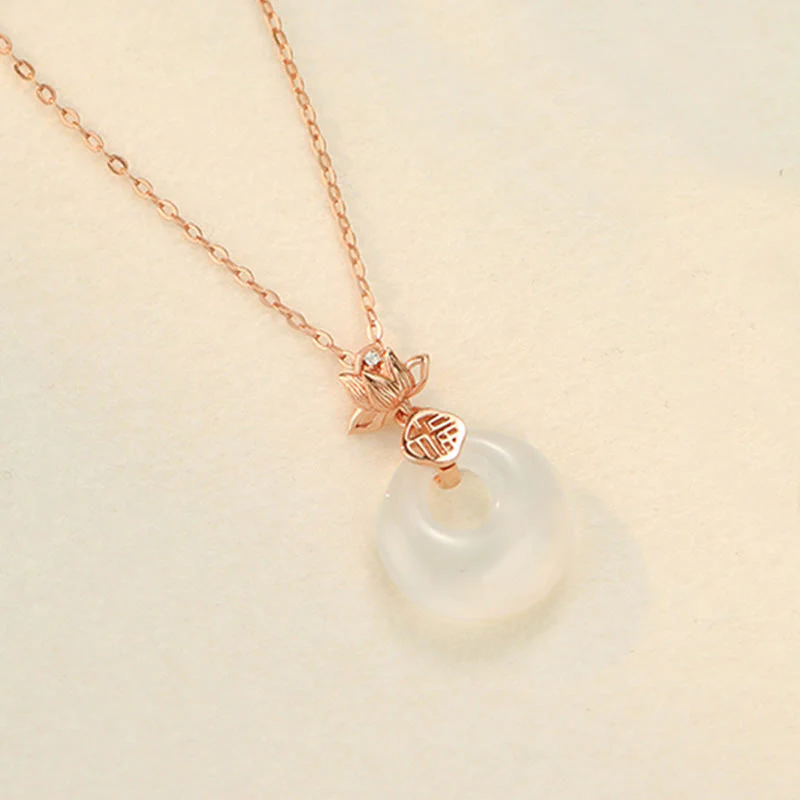Buddha Stones Chalcedony 925 Sterling Silver Lotus Flower Fu Character Peace Buckle Positive Necklace Pendant