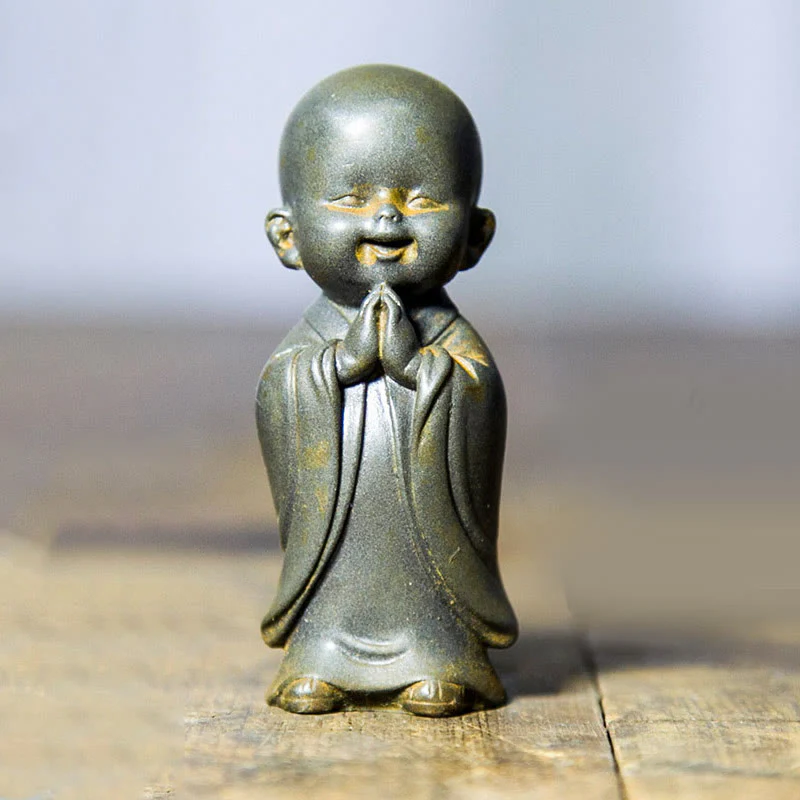 Buddha Stones Small Meditating Monk Iron Powder Rust Cast Resin Statue Desk Decoration