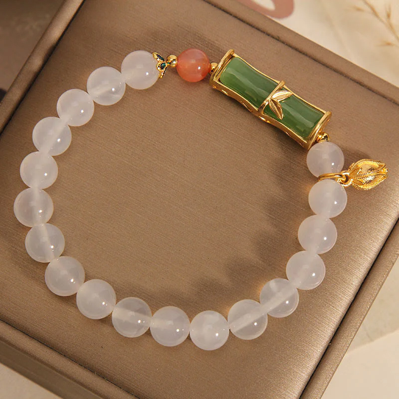 Buddha Stones Natural White Agate Jadeite Bamboo Beads Positivity Bracelet