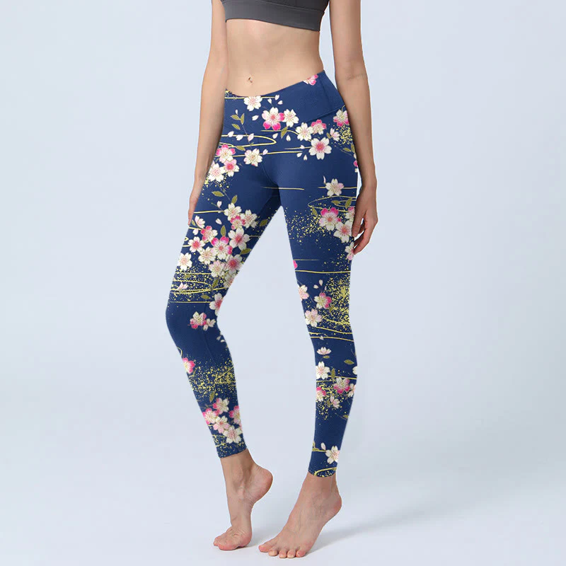 Buddha Stones Pink Magenta Flowers Green Leaves Print Gym Leggings Women's Yoga Pants