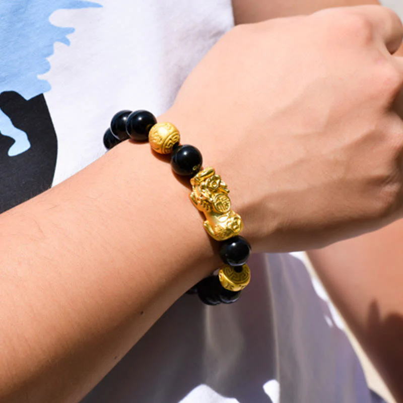 Buddha Stones Fengshui Copper Pixiu Rainbow Obsidian Beads Wealth Bracelet