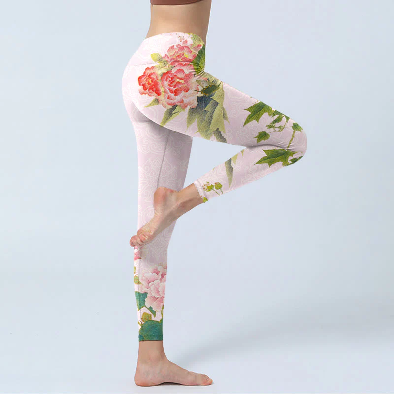 Buddha Stones Hibiscus Flowers And Leaves Print Gym Leggings Women's Yoga Pants