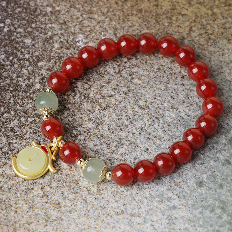 Buddha Stones Year of the Dragon Red Agate Jade Peace Buckle Fu Character Success Bracelet (Extra 30% Off | USE CODE: FS30)