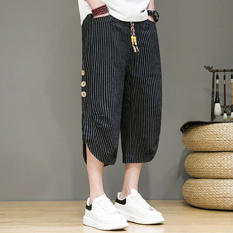 Buddha Stones Casual White Stripes Pattern Drawstring Button Design Men's Cotton Cropped Harem Pants With Pockets