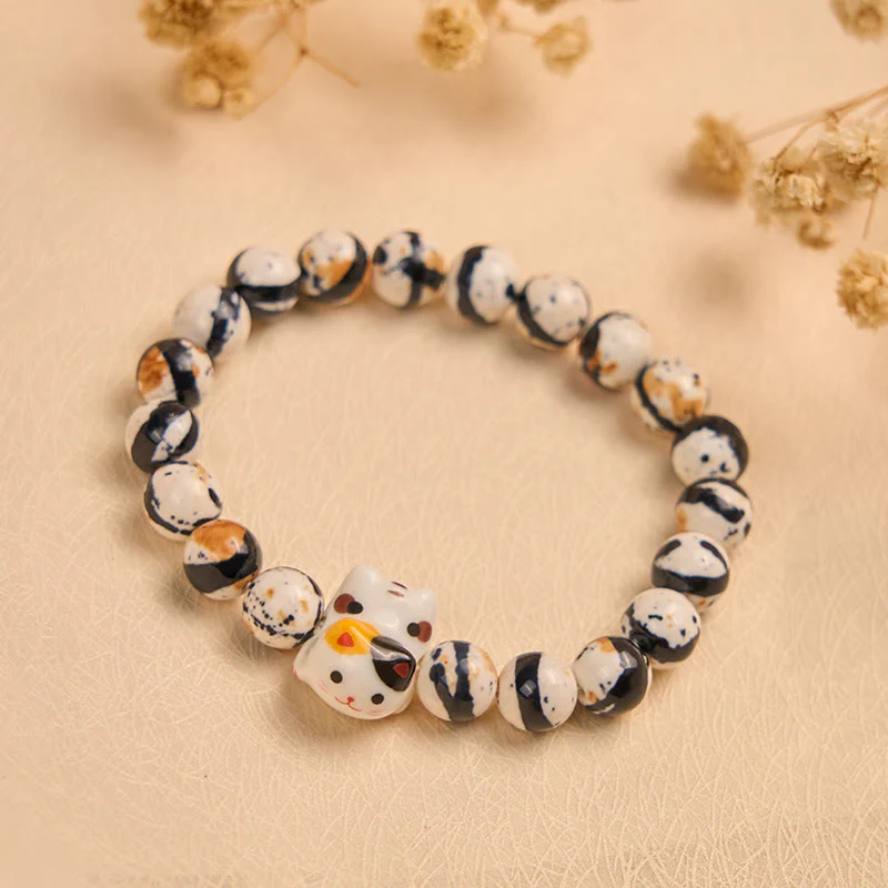 Buddha Stones Calico Cat Natural Stone Ceramic Kitten Head Strength Bracelet