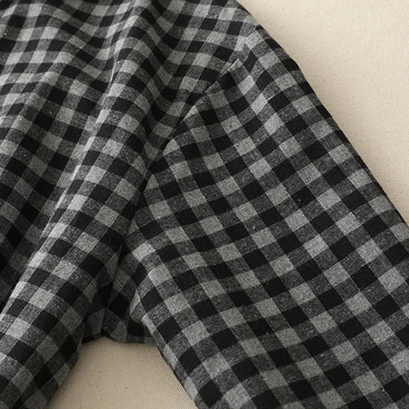 Buddha Stones Black Lace-Up Design Plaid Lapel Cotton Linen Midi Dress With Pockets