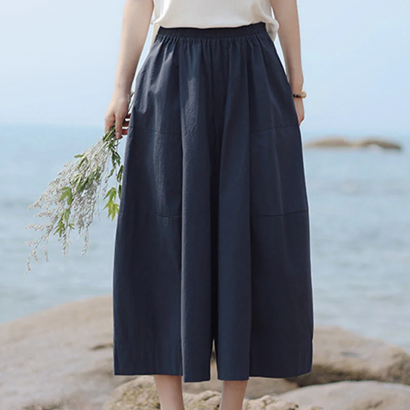 Buddha Stones Casual Plain Cotton High Waist Women's Wide Leg Capri Cropped Pants With Pockets