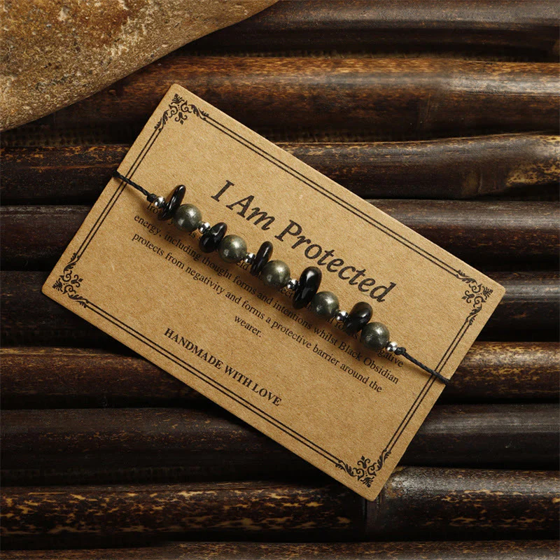 Buddha Stones I Am Protected Iron Pyrite Black Obsidian Fulfillment Bracelet