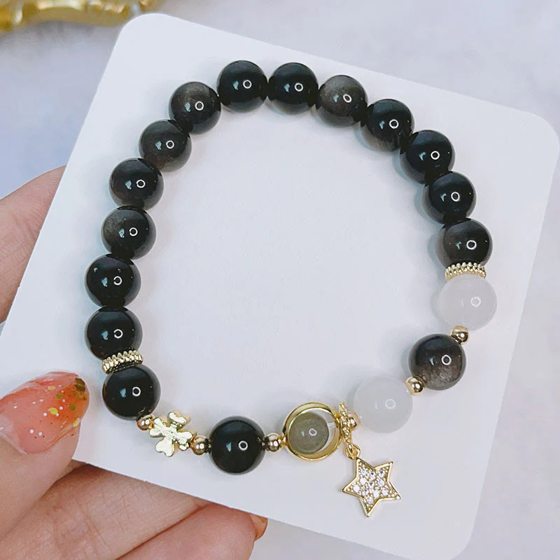 Buddha Stones Natural Silver Sheen Obsidian Love Heart Star Flower Protection Bracelet (Extra 30% Off | USE CODE: FS30)