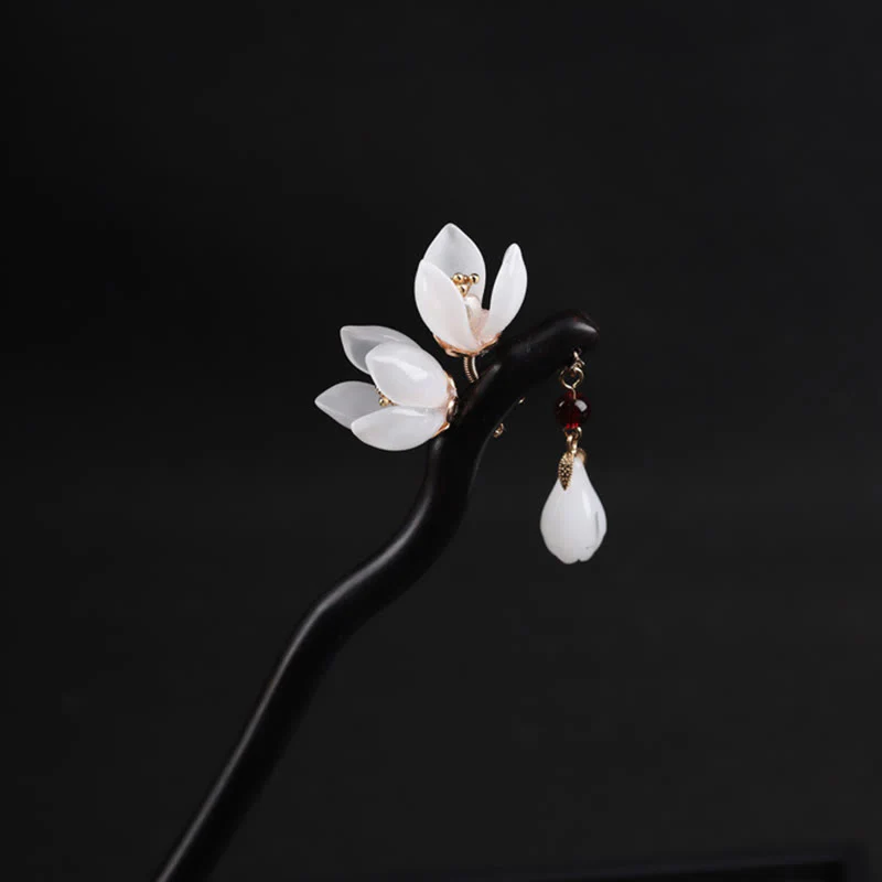 Buddha Stones Ebony Magnolia Flower Petals Blessing Hairpin