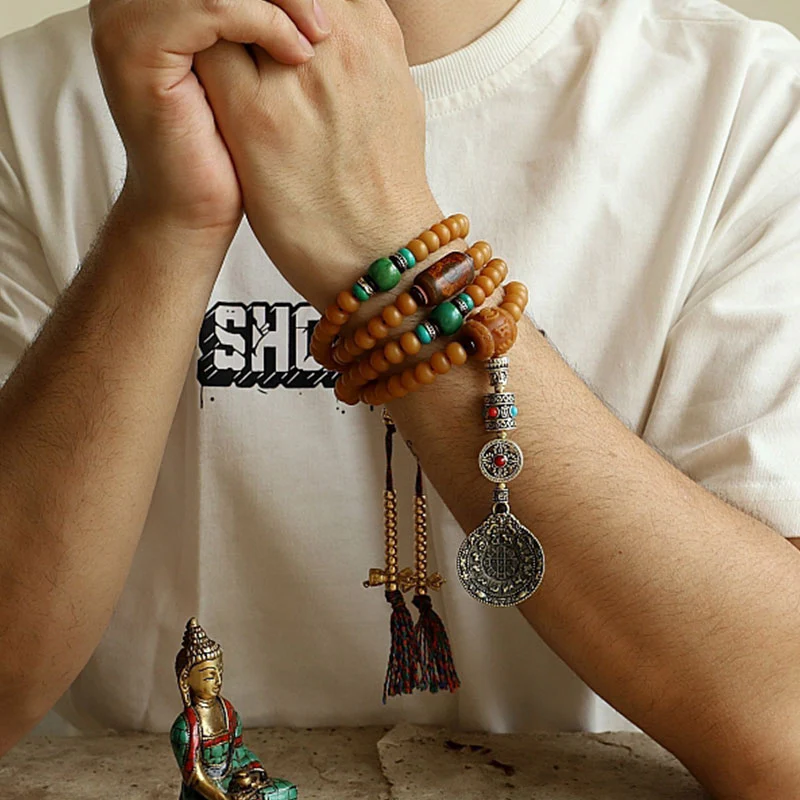 Buddha Stones Tibet 108 Mala Beads Bodhi Seed Bagua Vajra Wealth Bracelet