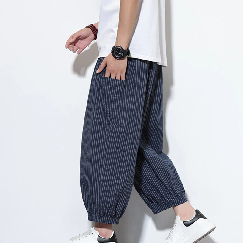 Buddha Stones Casual Striped Men's Cotton 7-8 Length Harem Pants With Pockets