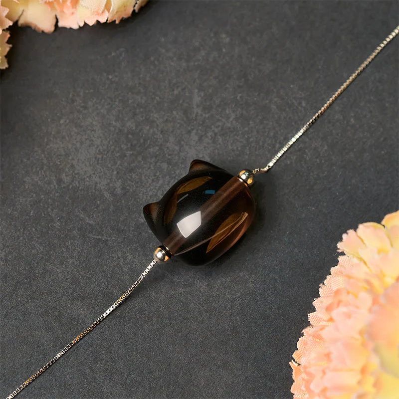 Buddha Stones 925 Sterling Silver Cat Natural Ice Obsidian Positive Bracelet