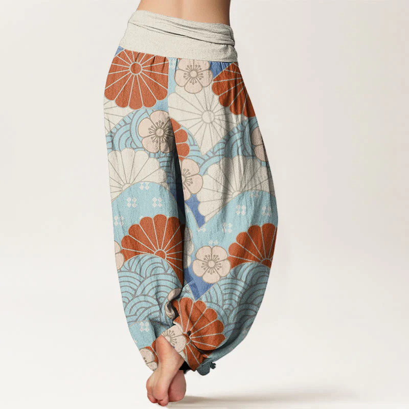 Buddha Stones Casual Abstract Petal And Wave Pattern Women's Elastic Waist Harem Pants
