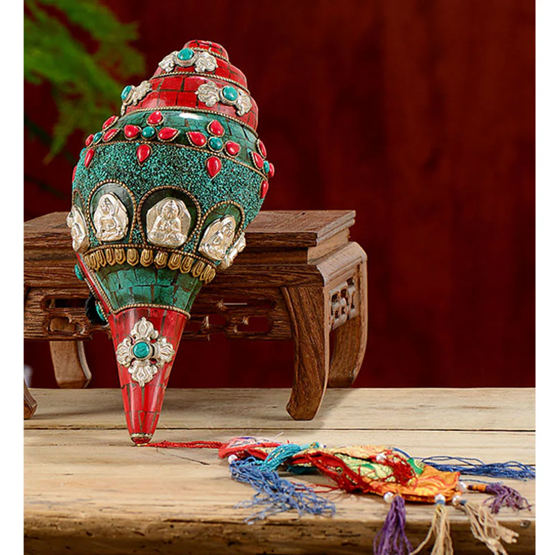 Buddha Stones Tibetan Handmade Shankha Om Mani Padme Hum Buddha Avalokitesvara Turquoise Conch Shell Positive Decoration