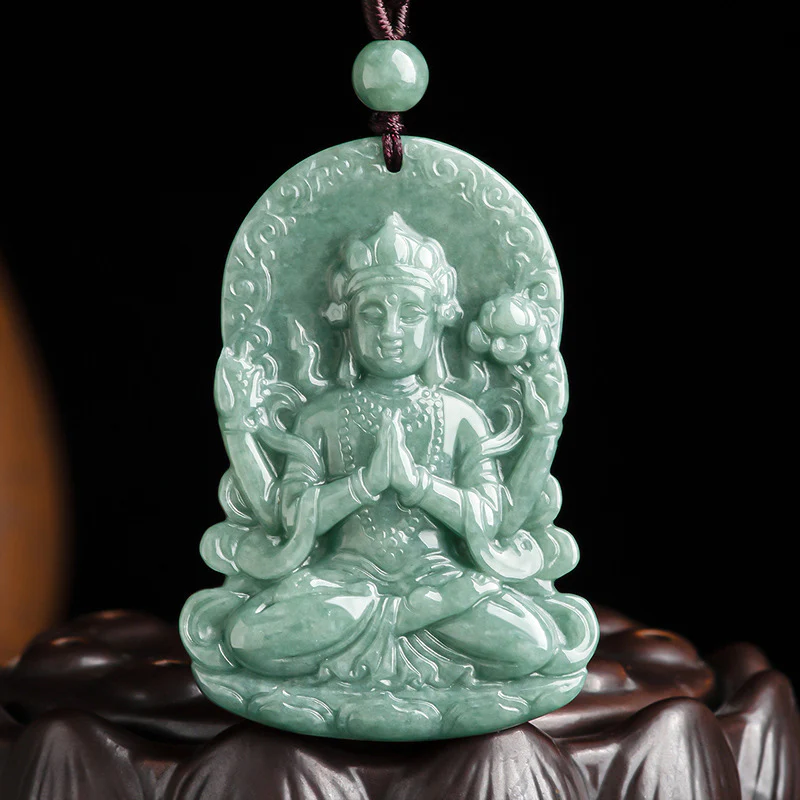 Buddha Stones Four-armed Avalokitesvara Natural Jade Amulet Blessing String Necklace