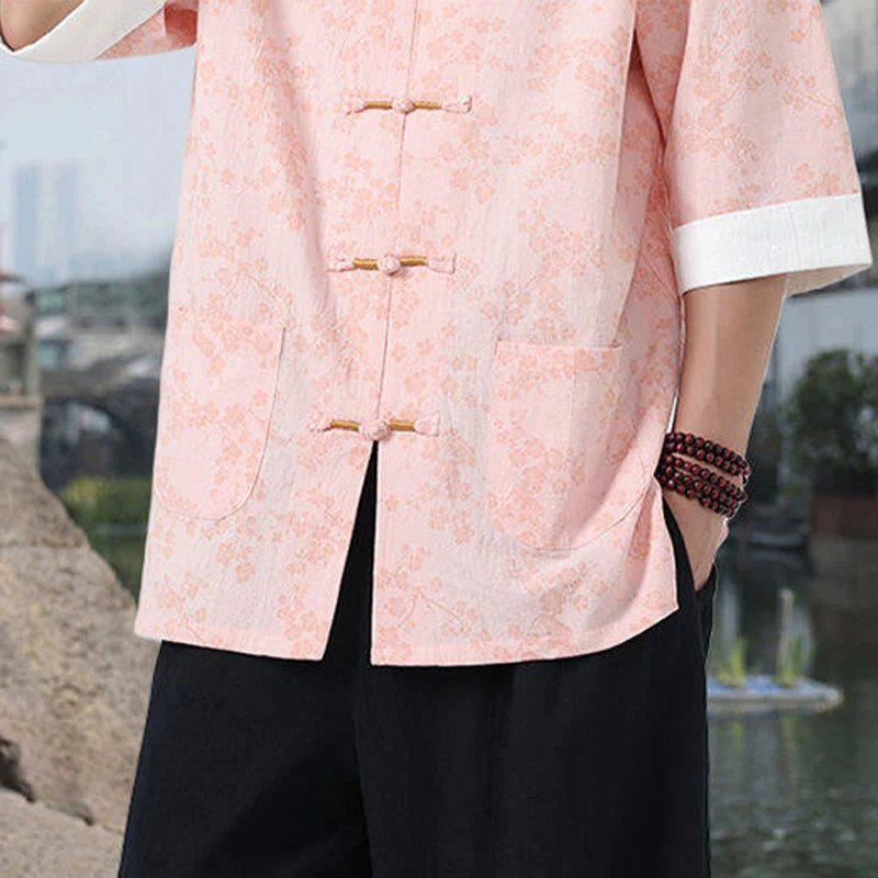 Buddha Stones Retro Printing Flower Pattern Frog-Button Design Stand Collar Men's Half Sleeve Cotton Shirt With Pockets