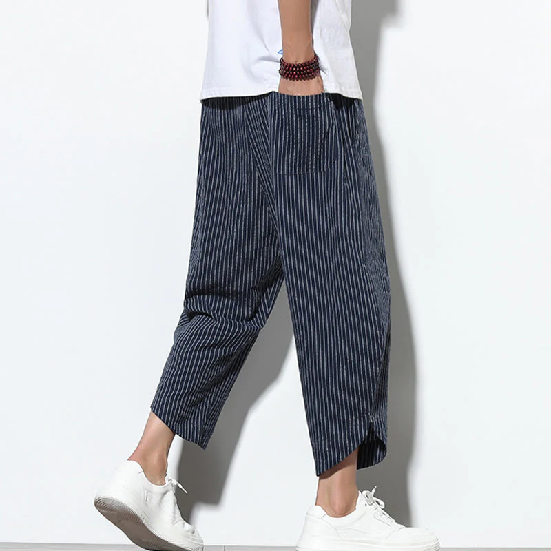 Buddha Stones Summer Stripes Pattern Drawstring Cotton Linen Men's 7-8 Length Harem Pants With Pockets