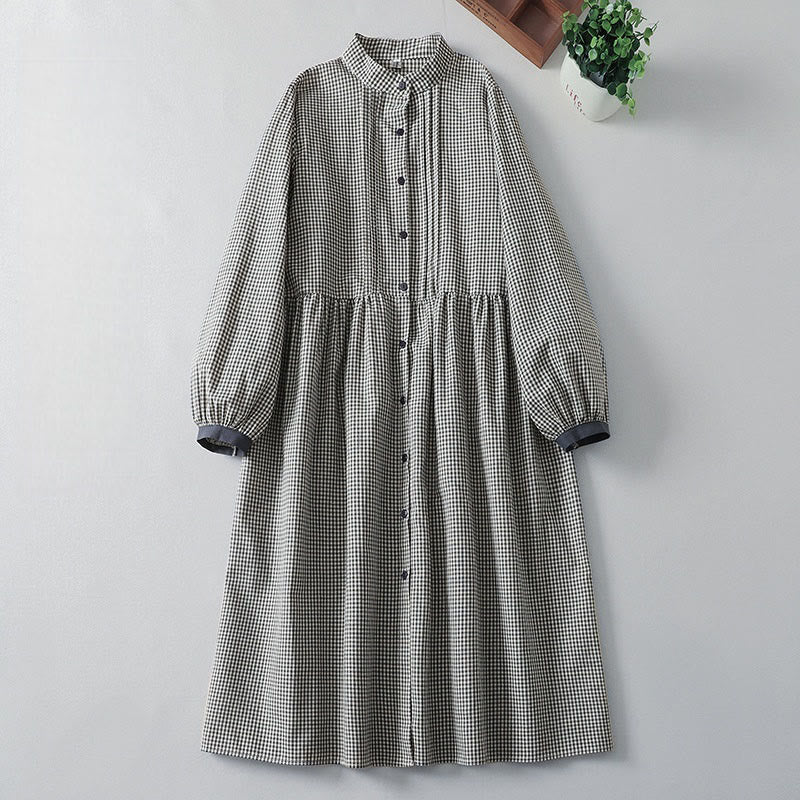 Buddha Stones Casual Plaid Pattern Long Lantern Sleeve Cotton Linen Midi Dress With Pockets