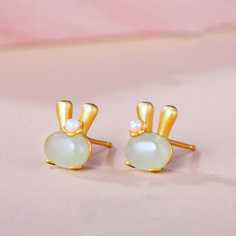 Buddha Stones 925 Sterling Silver Natural Hetian Jade Cute Rabbit Pearl Abundance Earrings