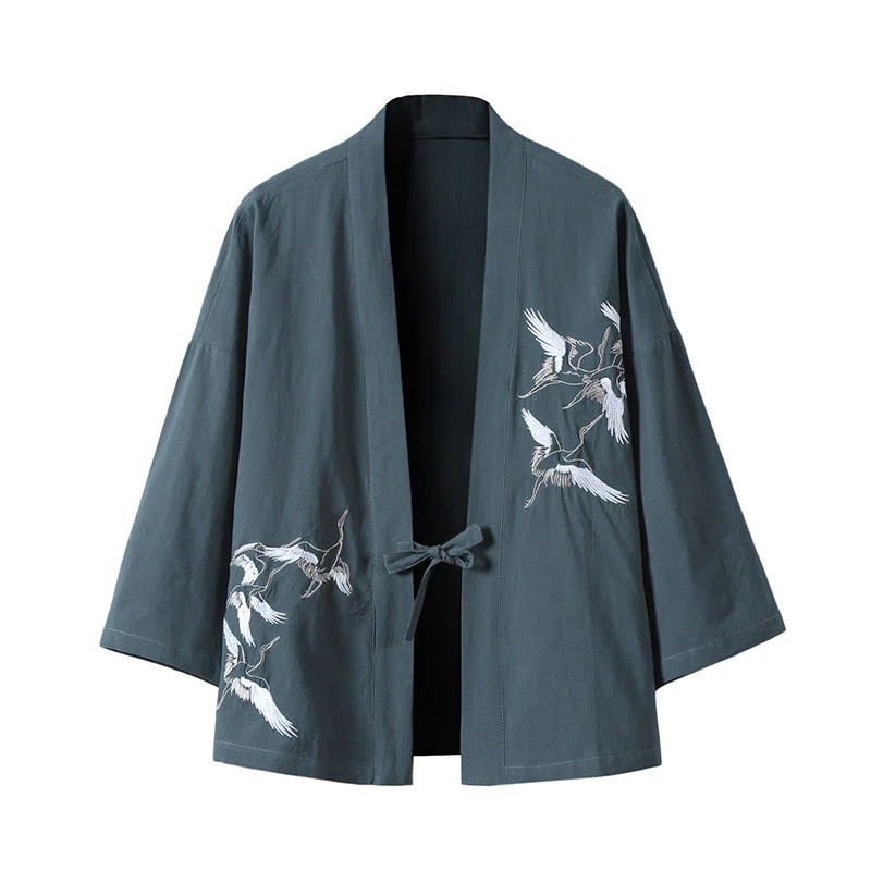 Buddha Stones Embroidery Flying White Cranes Cotton Linen Open Front Jacket Men's Kimono