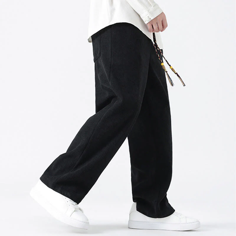 Buddha Stones Plain Chinese Frog-Button Design Drawstring Men's Corduroy Pants With Pockets