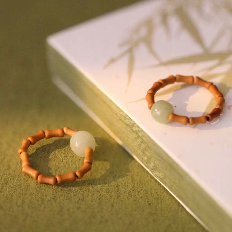 Buddha Stones Hetian Jade Beaded Bamboo Prosperity Luck Ring