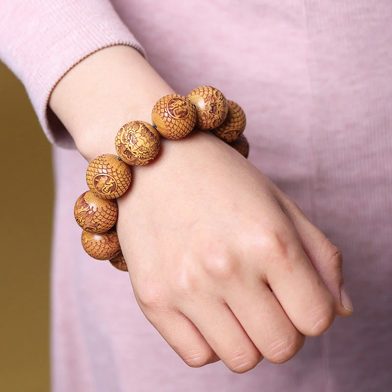Buddha Stones Carving Sandalwood Dragon Keep Away Evil Spirits Bracelet