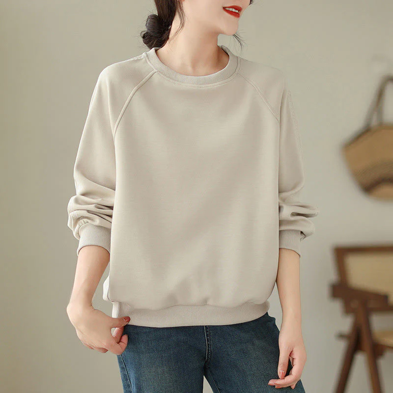 Buddha Stones Fall Plain Crew Neck Cotton Pullover Women's Sweatshirt