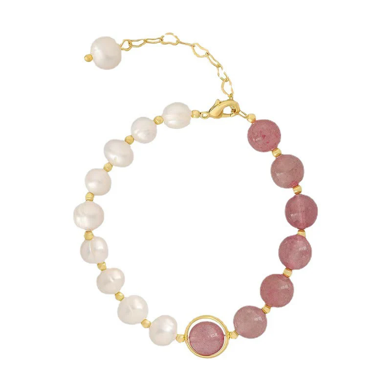 Buddha Stones Natural Strawberry Quartz Pearl Love Positive Chain Bracelet