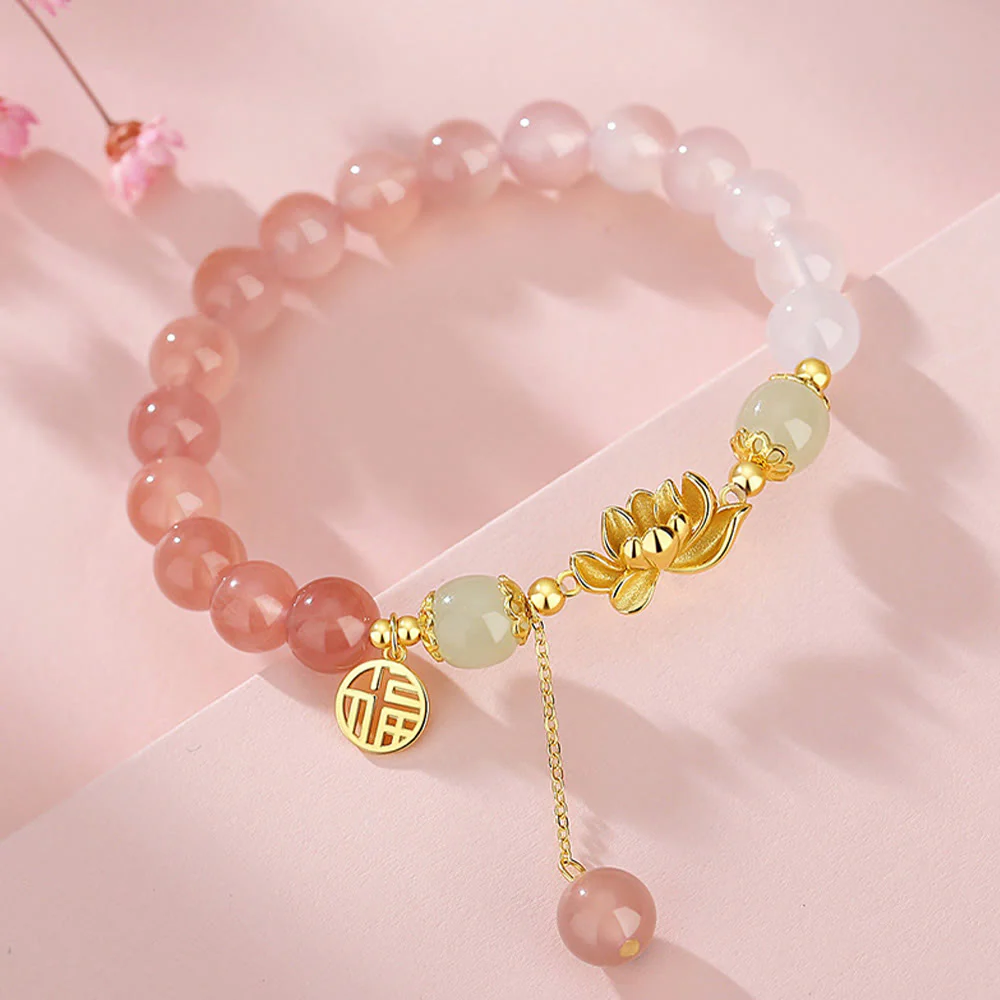 Buddha Stones 925 Sterling Silver Natural Gradient Agate Hetian Jade Lotus Fu Character Enlightenment Bracelet