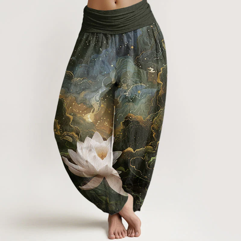 Buddha Stones Casual Lotus Starry Sky Clouds Pattern Women's Elastic Waist Harem Pants