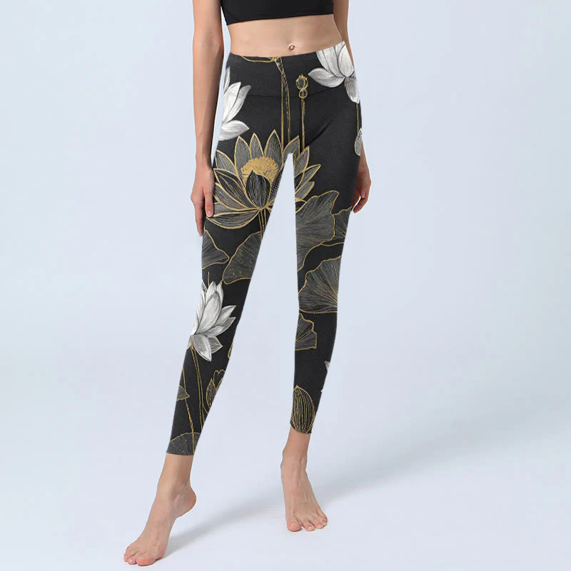 Buddha Stones White Golden Lotus Leaves Print Gym Leggings Women's Yoga Pants