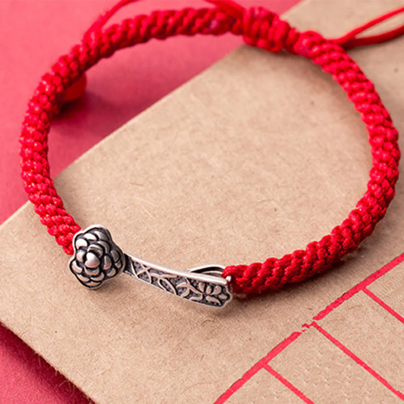 Buddha Stones Retro 925 Sterling Silver Ruyi As One Wishes Red String Braided Luck Bracelet
