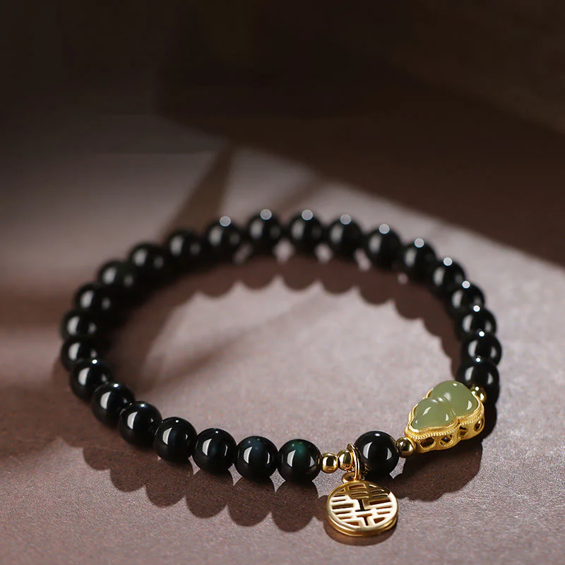 Buddha Stones Natural Black Obsidian Hetian Jade Gourd Double Happiness Strength Bracelet