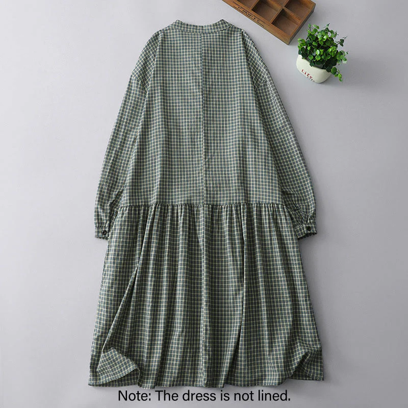 Buddha Stones Casual Plaid Buttons Lantern Long Sleeve Cotton Midi Dress