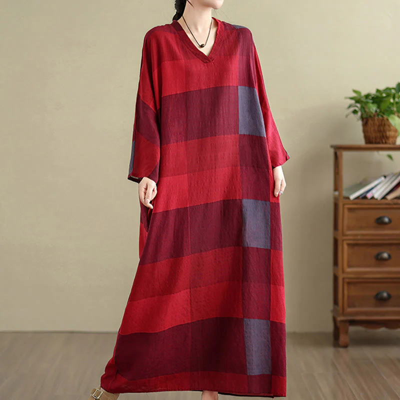 Buddha Stones Spliced Plaid Pattern Cotton Linen Women's Maxi Dress With Pockets