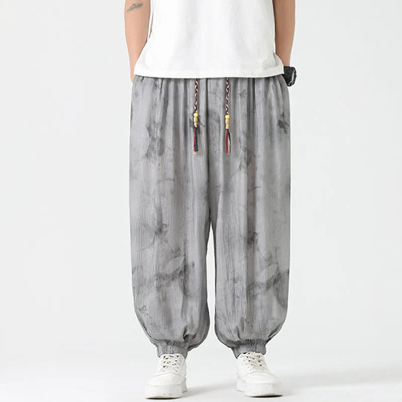 Buddha Stones Flower Sketch Braided Drawstring Linen Men's Pants With Pockets