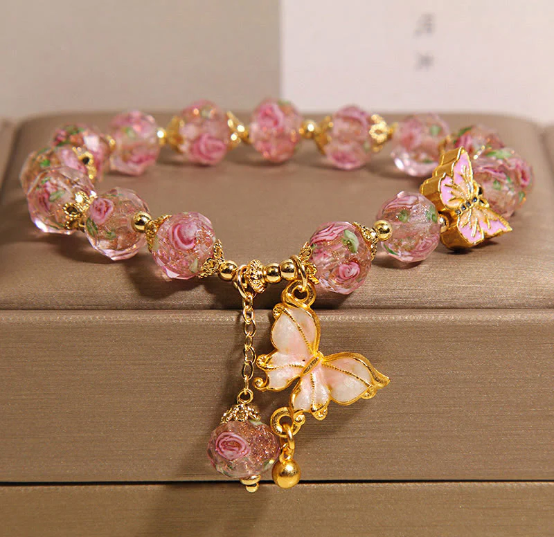 Buddha Stones Butterfly Charm Rose Flower Liuli Bracelet